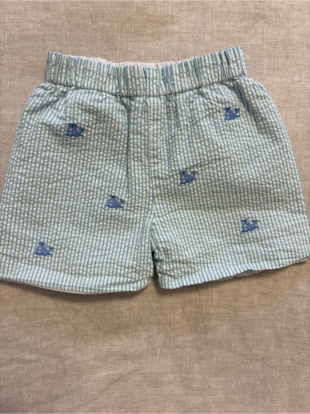 Zuccini Kids Seersucker Shorts 24M Blue Green Stripe Embroidered Whale
